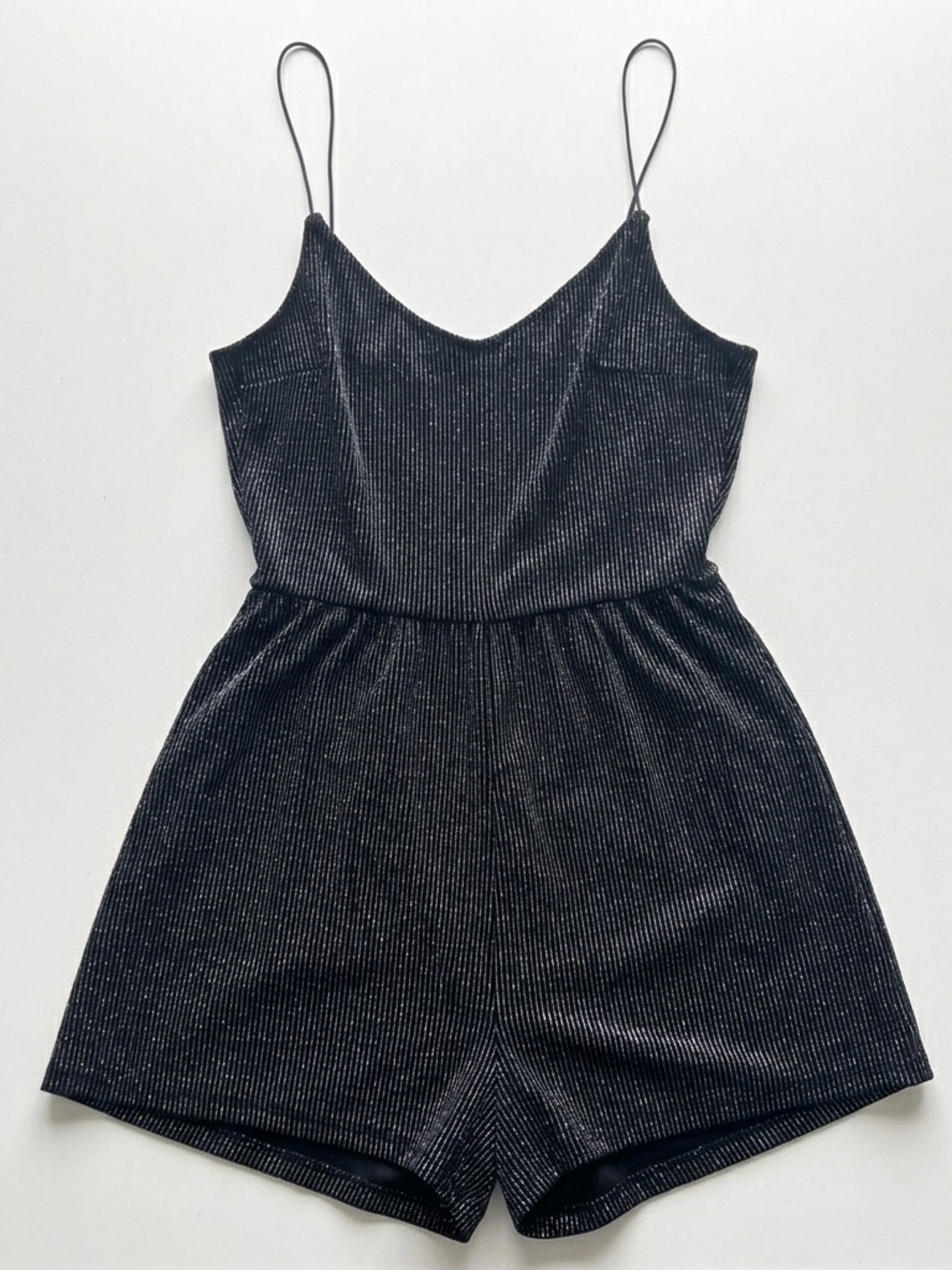 H&M Black Sparkle Spaghetti-Strap Romper Women’s XS Glittery V-Neck Party Shorts